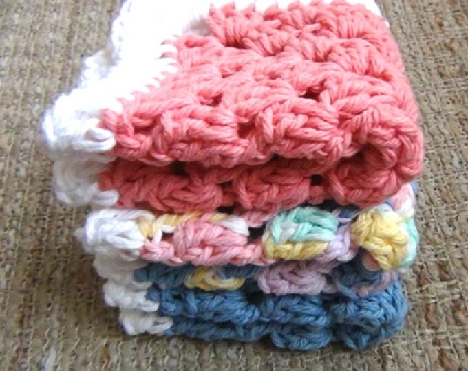 Cotton Dishcloths - Set of 3 - Pure Cotton Hand Crocheted 8" Dish Cloths Wash Cloths - Spring Mix - Pastel Face Cloth