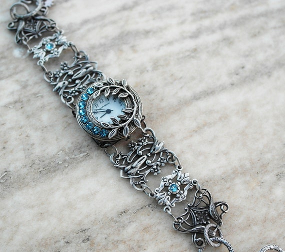 Women Silver watches Aquamarine bracelet watch Blue watch Gothic watch bracelet victorian bracelet Victorian Gothic jewelry by Aranwen steampunk buy now online