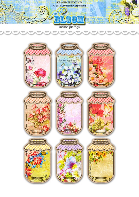 Floral mason jar tags / printable jar labels / digital collage