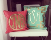 Monogram Throw Pillow Cover - Teal Coral Chinoise Frame Metallic Gold or Silver Monogram
