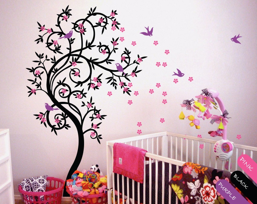 Cute Tree Wall Decal with Blossoms and Birds