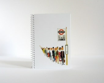 London Bus Stop Queue, Spiral Pocket Notebook, Travel Writing Journal, Spiral Bound, Blank Sketchbook, Small Cute Notebook, Gifts Under 20