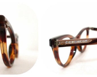 Stunning Winged AB Rhinestone Cat Eye Frame /NOS Tortoise Shell Eyeglasses or Sunglasses Frames/Brown, Amber