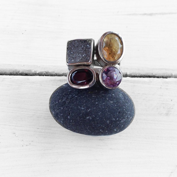 Multi Gemstone Ring, Sterling Silver Druzy Agate Citrine Amethyst and ...