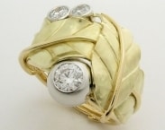 Hand Made Repousse and Chased Leaf motif Diamond Wedding ring in recycled 18k gold and Platinum Made in Canada