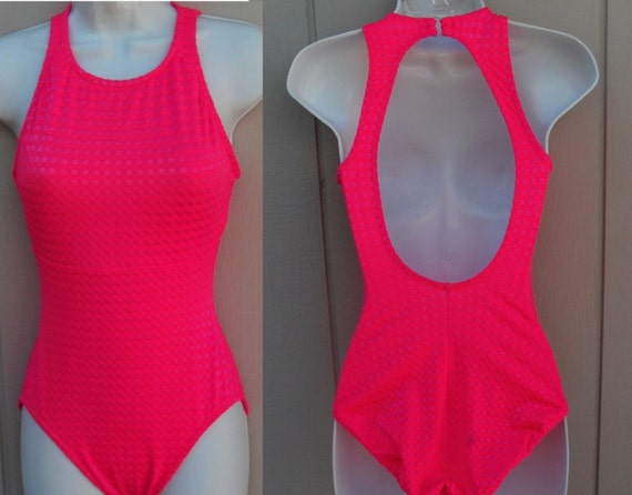 Vintage Neon Pink Swimsuit / high neck low back bathing suit