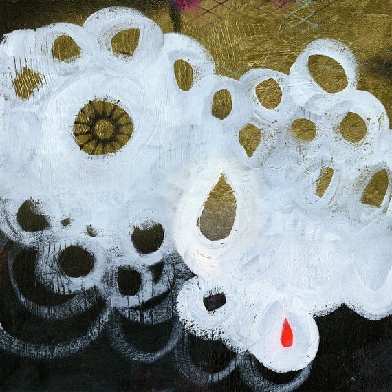 Snow Circles -- Black, White, Gold -- New 2013 Original Abstract Modern Painting -- 18x18 in.