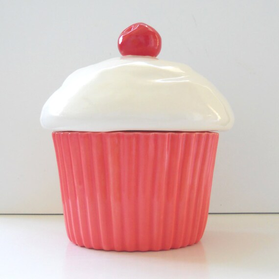 Items similar to Cupcake Cookie Jar Ceramic Strawberry Coral Pink