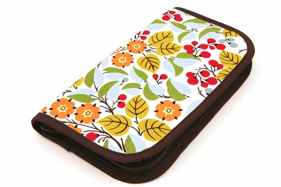 Travel Zip Around Knitting Needle Case - Holly - brown pockets with clear zipper pouch for notions or circulars