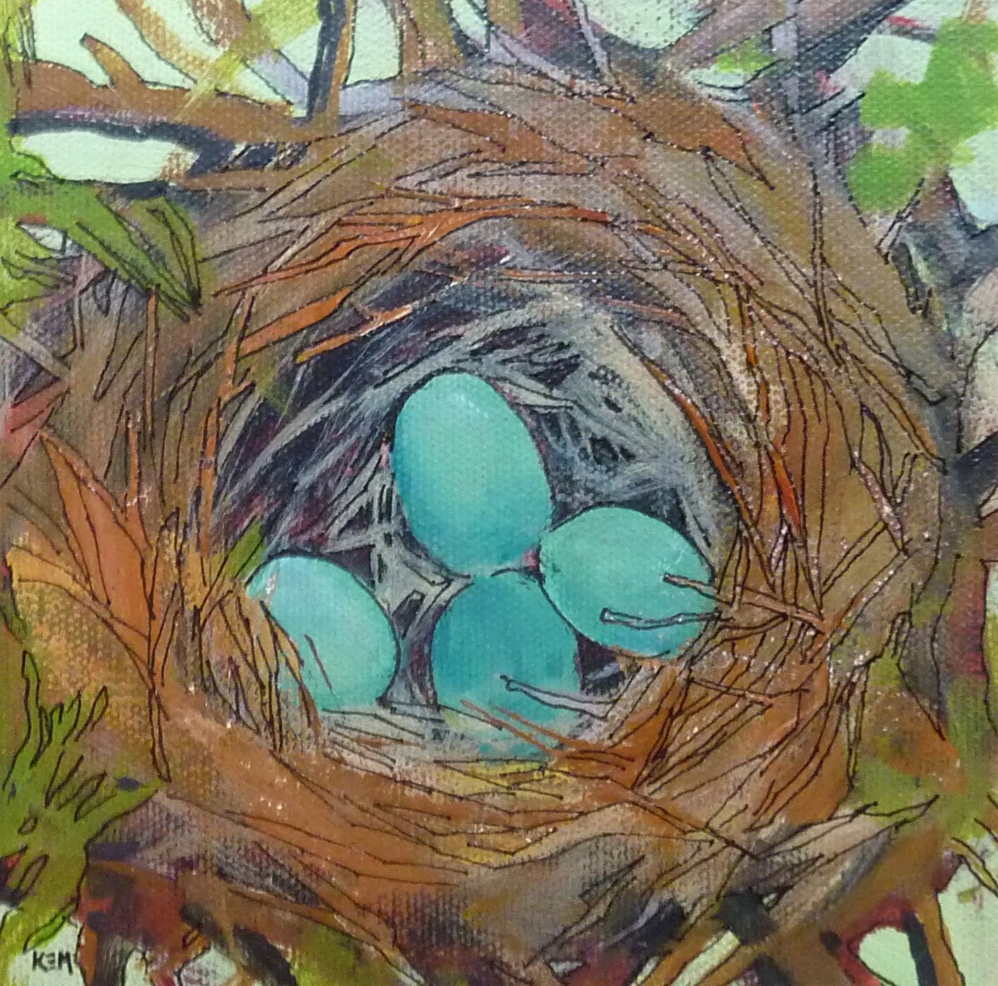 BIRD NEST Nature Contemporary Original Acrylic Painting 6x6