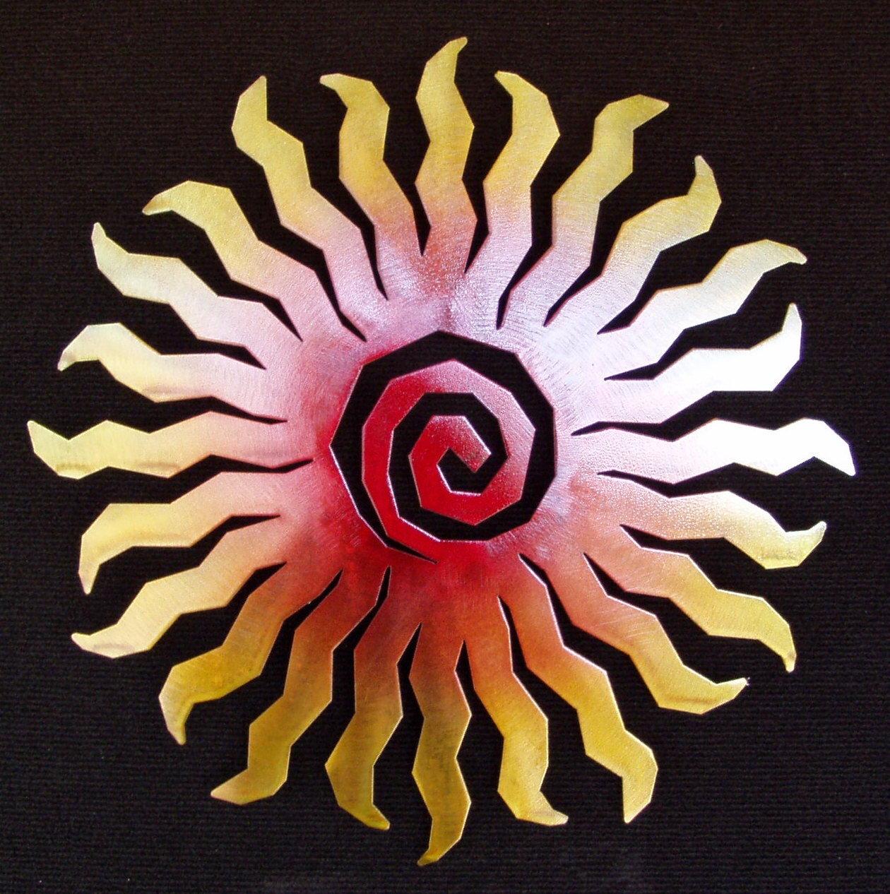 Flame Sun Burst Spiral Metal Wall Art Rust with Red and