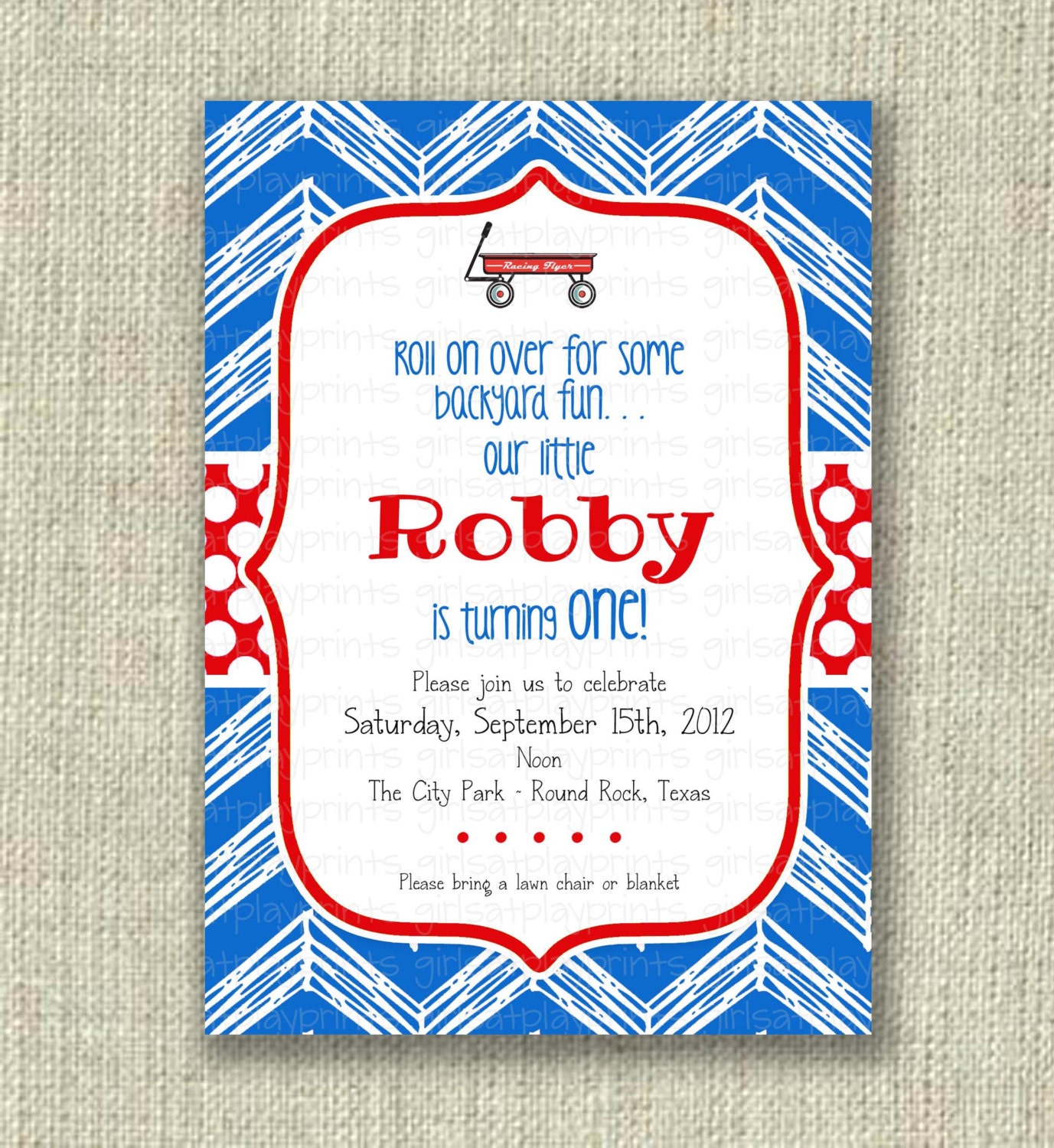 Modern 1st First Birthday Boy Invitation Blue Red by girlsatplay