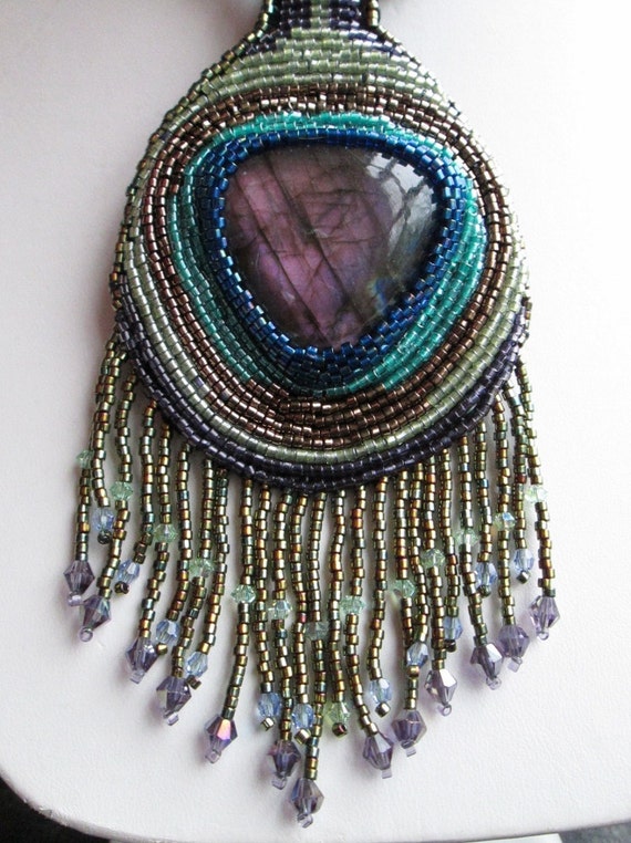 Bead Embroidery Peacock Feather Necklace with Labradorite