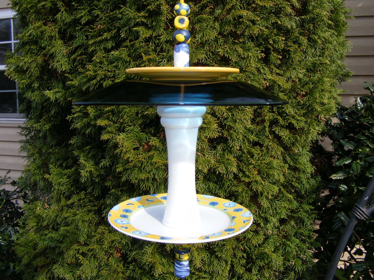 Bird Feeder Glass and Recycled Plate Garden by LowBridgeArtworks