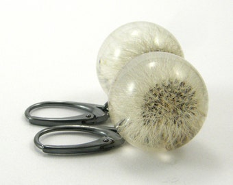 Black Earrings, Full Dandelion Earrings with Oxidized Silver, Small Whole Blowball Earrings, Christmas Gift