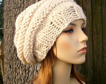 Cream Womens Hat Oversized Beehive Beret Hat Starlight Cream and Gold Chunky Knit Hat - Cream Hat Cream Beret Womens Accessories Winter Hat