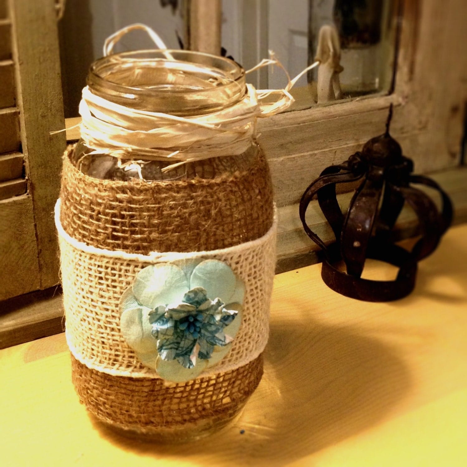 Decorated mason jar Burlap mason jar shabby chic by QUEENBEADER