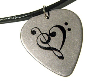 Steel Music Heart Guitar Pick Necklace, leather cord