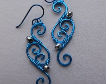 Blue Wire Spiral Earrings -- Swirl Wire Wrapped Filigree Earrings, Silver Faceted Beads