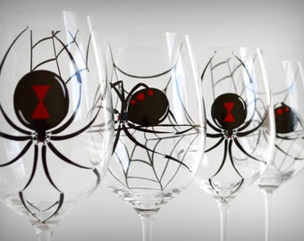 Black Widow Spider Glasses - Set of 4 Hand Painted Halloween Wine Glasses
