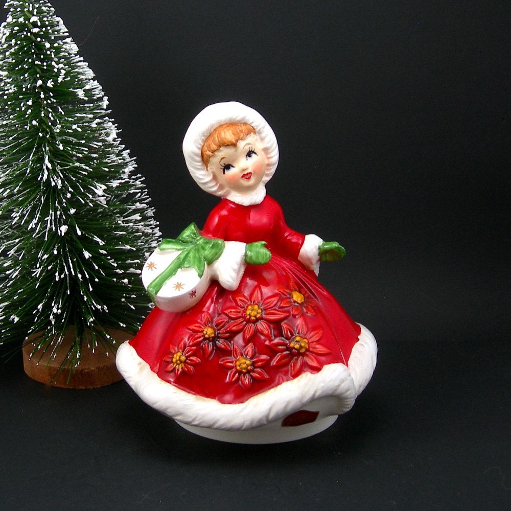 Christmas Lefton Music Box Girl in Red Vintage 1970s Holiday