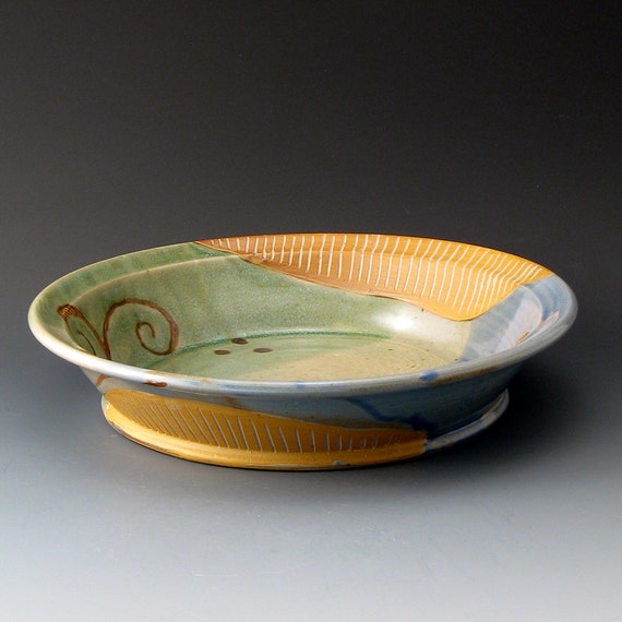 Pottery Stoneware Pie Plate with Flower Design Ceramic