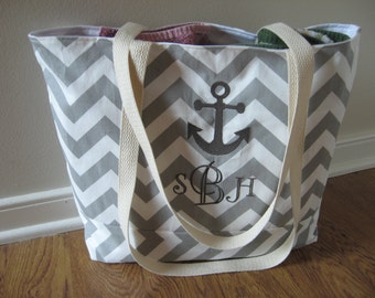 Monogrammed Large Beach Bag - Gray Chevron Beach Tote - Embroidered ...