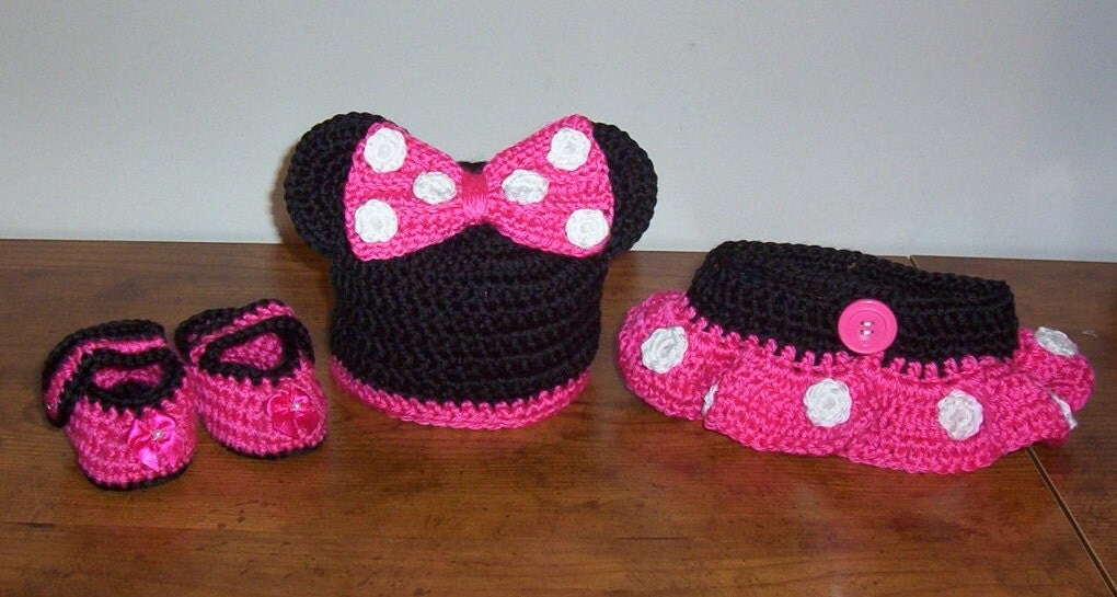 Crochet Minnie Mouse Hot Pink Hat Diaper Cover Booties Fit