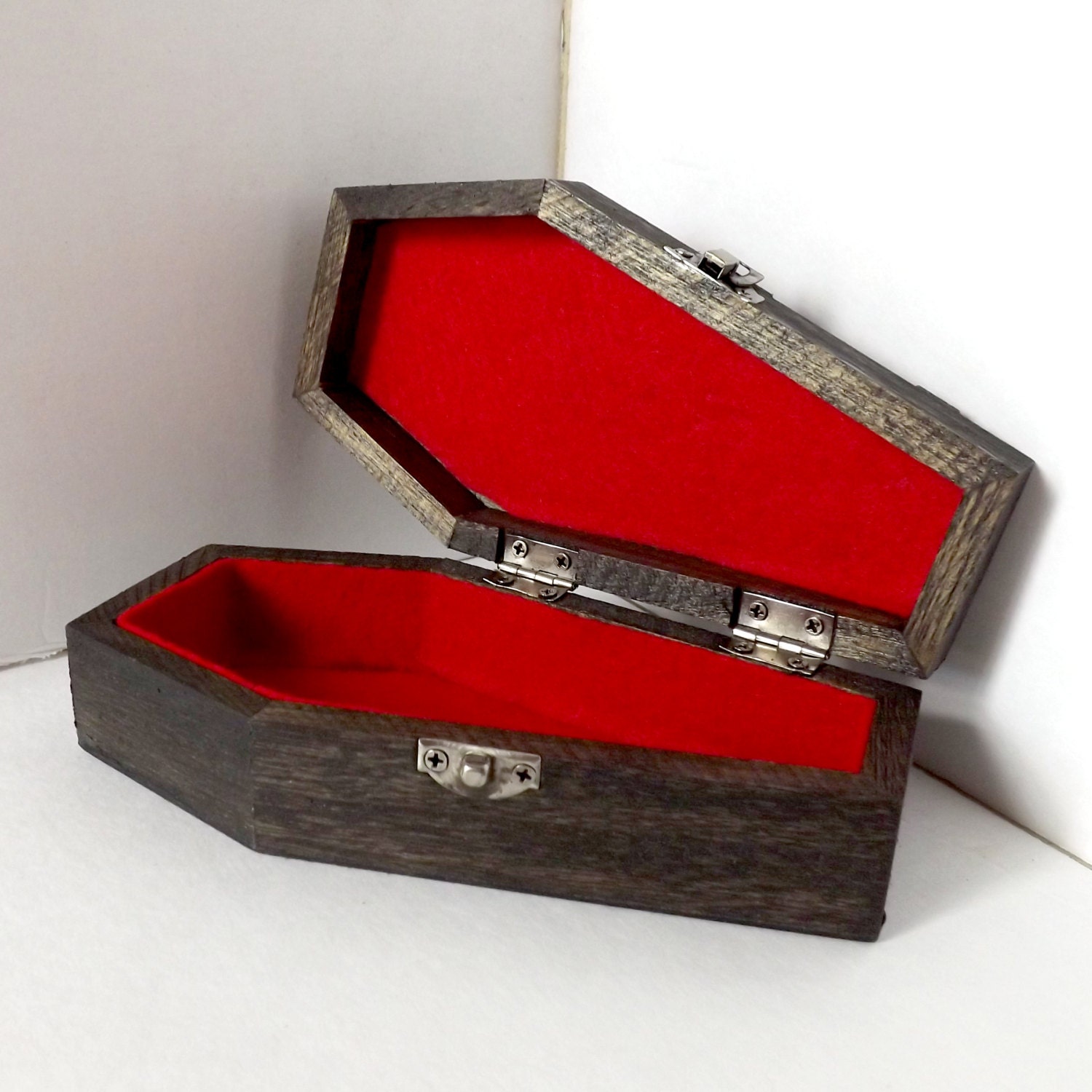Coffin Jewelry Box UNIQUE darkstained and lined in red