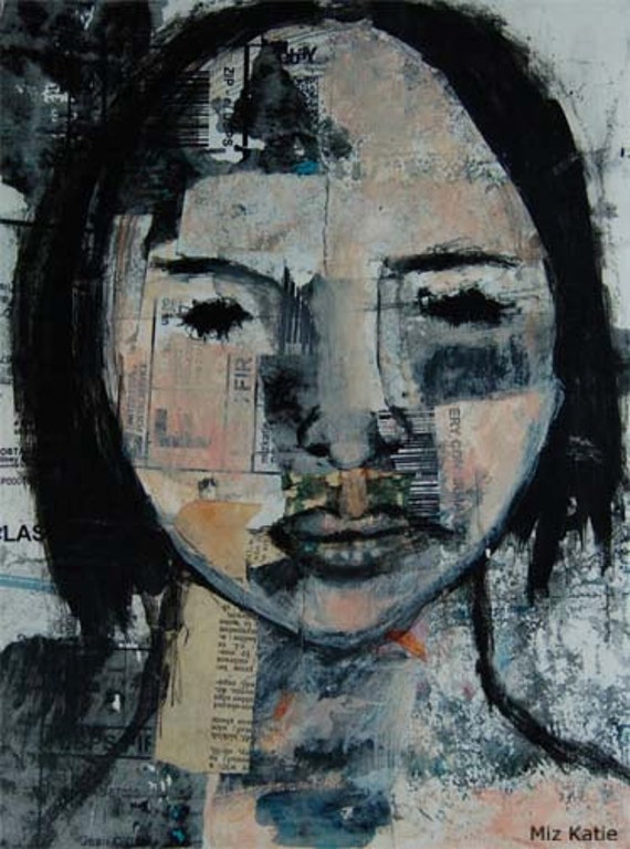 Acrylic Portrait Collage Painting 9x12 Original, Mixed Media, Woman, Black and White, Neutral, Muted Colors