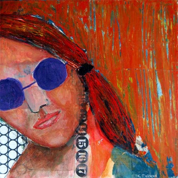 Acrylic Portrait Collage Painting 10x10 Canvas Original, Mixed Media, Bronzed, Face, Orange Sunlight, Purple Sunglasses, Circles, Numbers