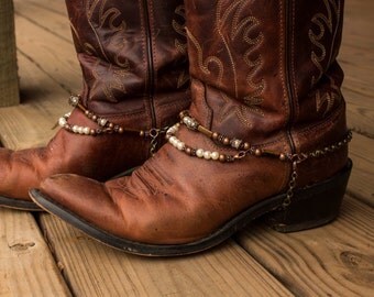 Brass and Copper with Pearls Adjustable Western Cowboy Boot Jewelry with Tiger's Eye