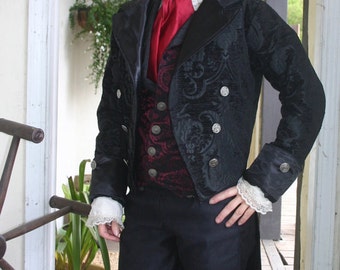Black Tapestry Cloth Steampunk Frock Cutaway Swallowtail Wedding Jacket