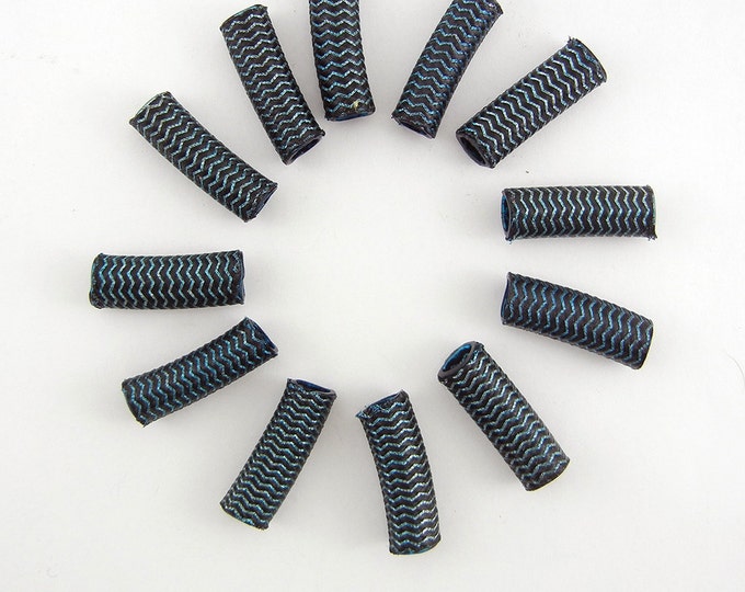 12 Woven Over Acrylic Tube Beads Chevron Design Black and Blue