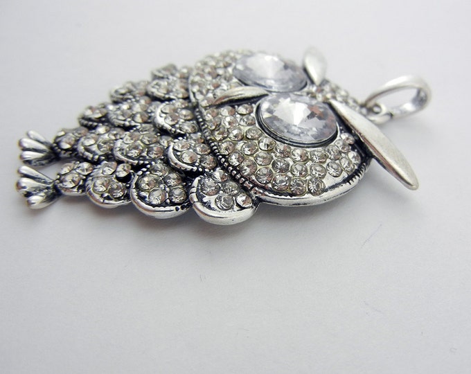 Antique Silver-tone Rhinestone Owl Pendant