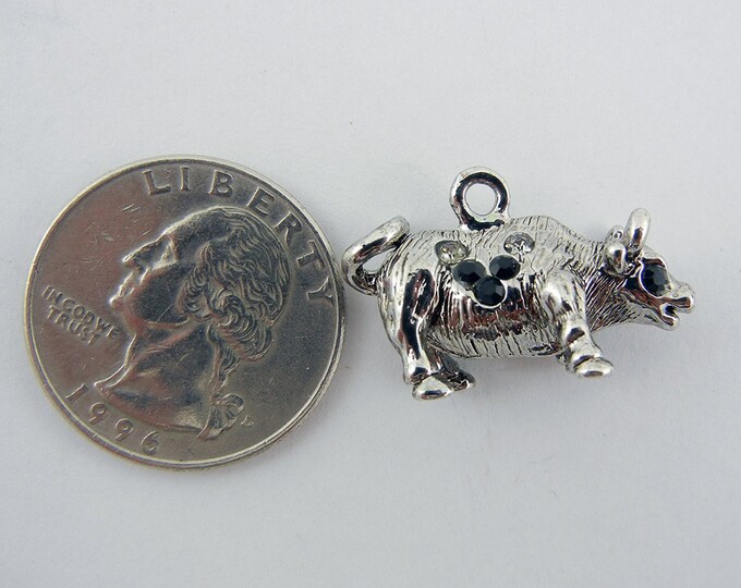 Small Silver-tone Black Rhinestone Accented Bull Charm