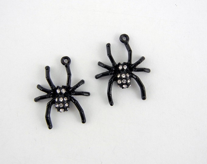 Pair of Small Black Epoxy Spider Charms with Rhinestones