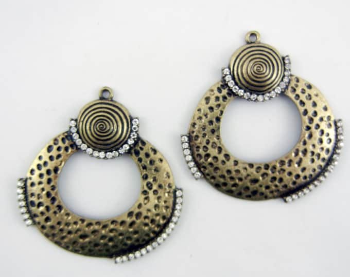 Pair of Large Antique Gold-tone Textured Round Drop Charms Rhinestones