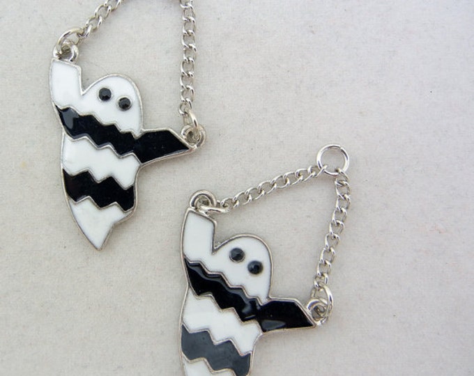 Pair of Silver-tone Black and White Epoxy Ghost Charms on Chain