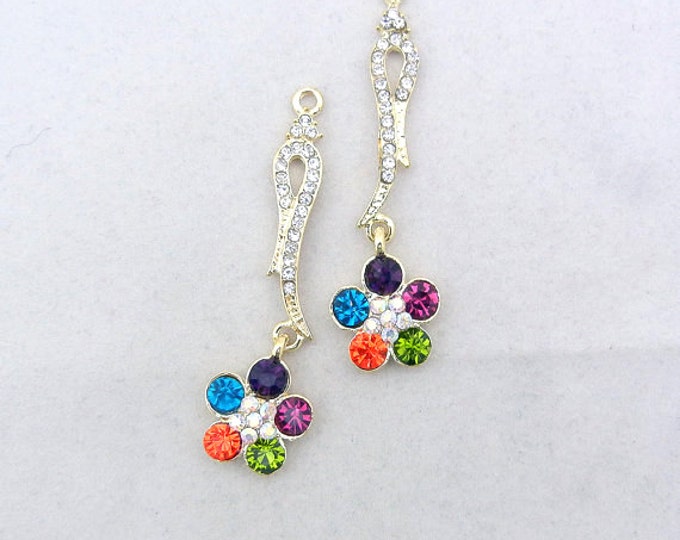 Pair of Gold-tone Crystal Flower Drop Charms Colorful Rhinestones