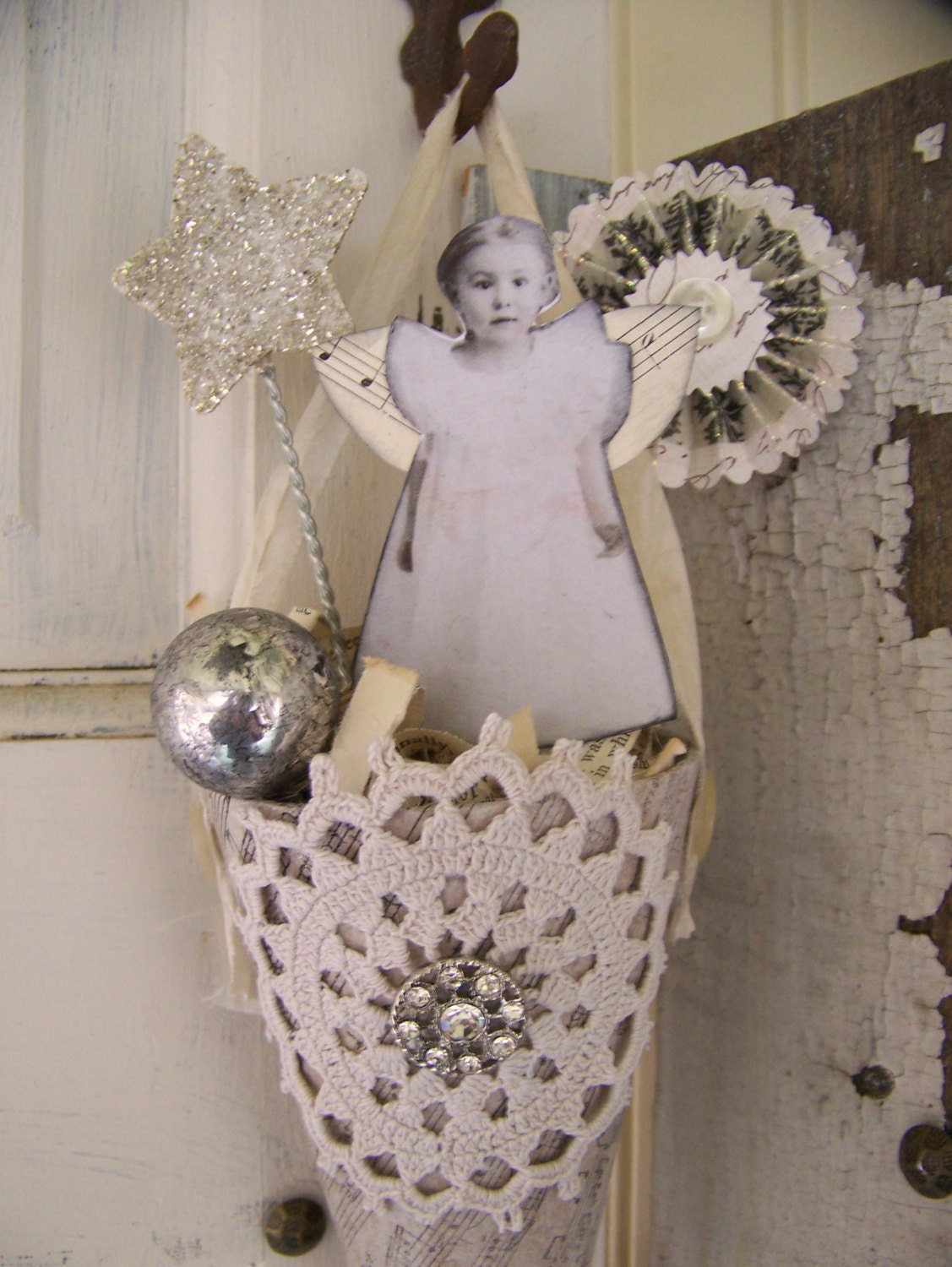 Handmade Winter White Christmas Vintage Christmas Angel Shabby White Tussie Mussie Victorian Paper Cone Vintage Christmas Decoration