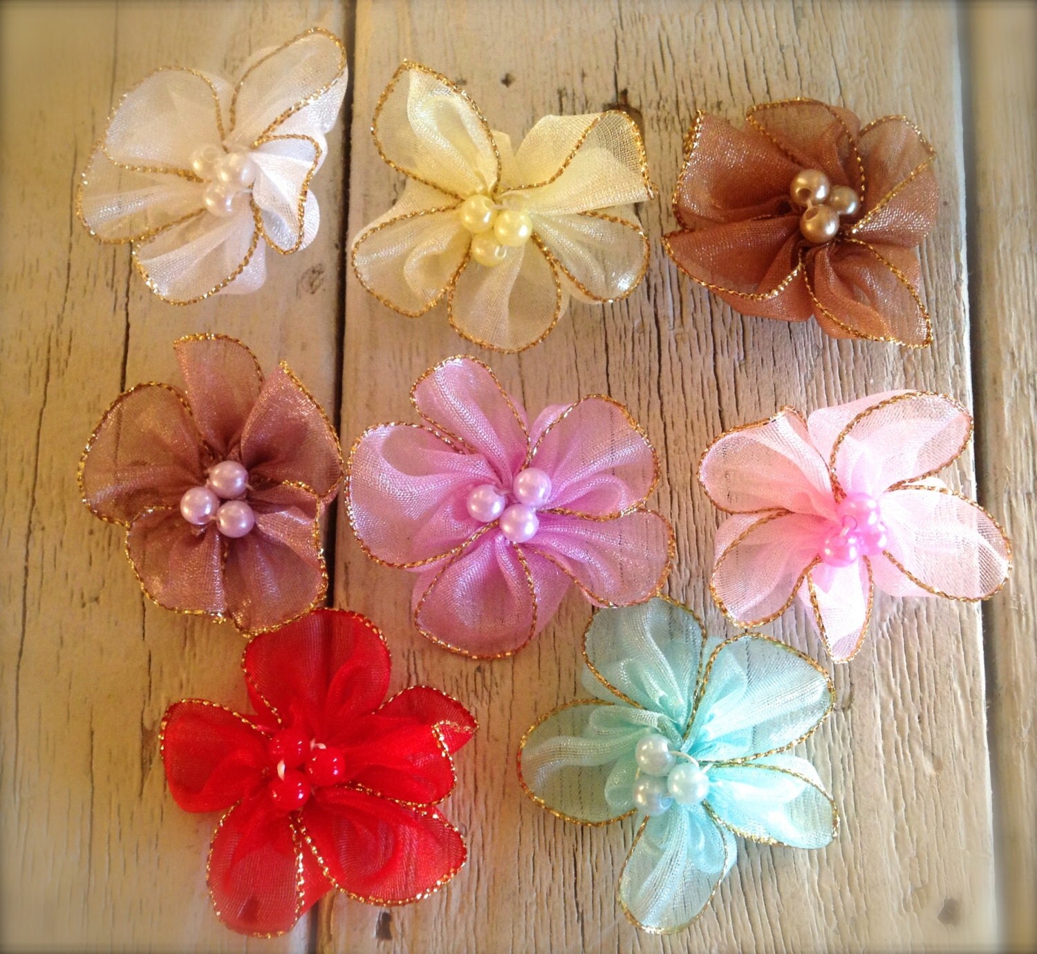 New-MINI ORGANZA flowers Pearls 1 1/2 inches-CHOICE of 12
