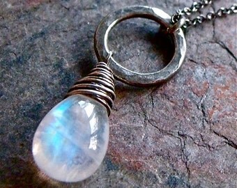 Sterling Silver Rainbow Moonstone Necklace - Smooth Rainbow Moonstone Pendant on Sterling Silver Chain