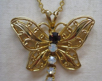 Butterfly Gold Amethyst Necklace Rhinestone Vintage Dangle Pendant