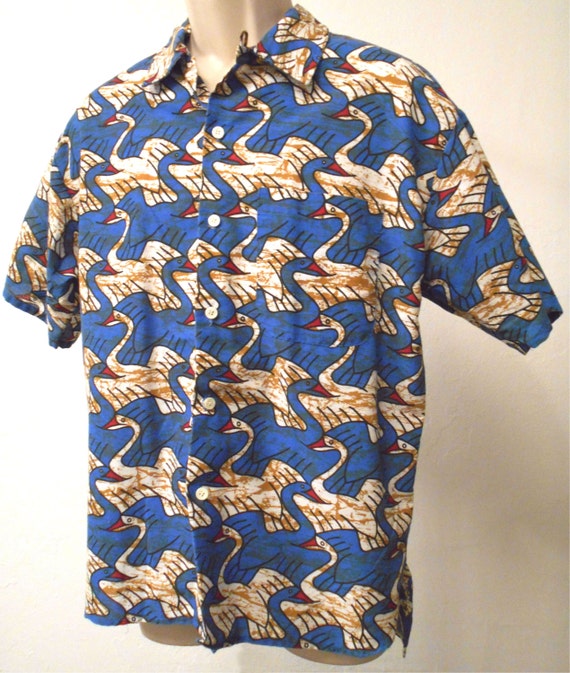 vintage Mens Hawaiian MC Escher Style Short Sleeve Shirt - Birds SZ M