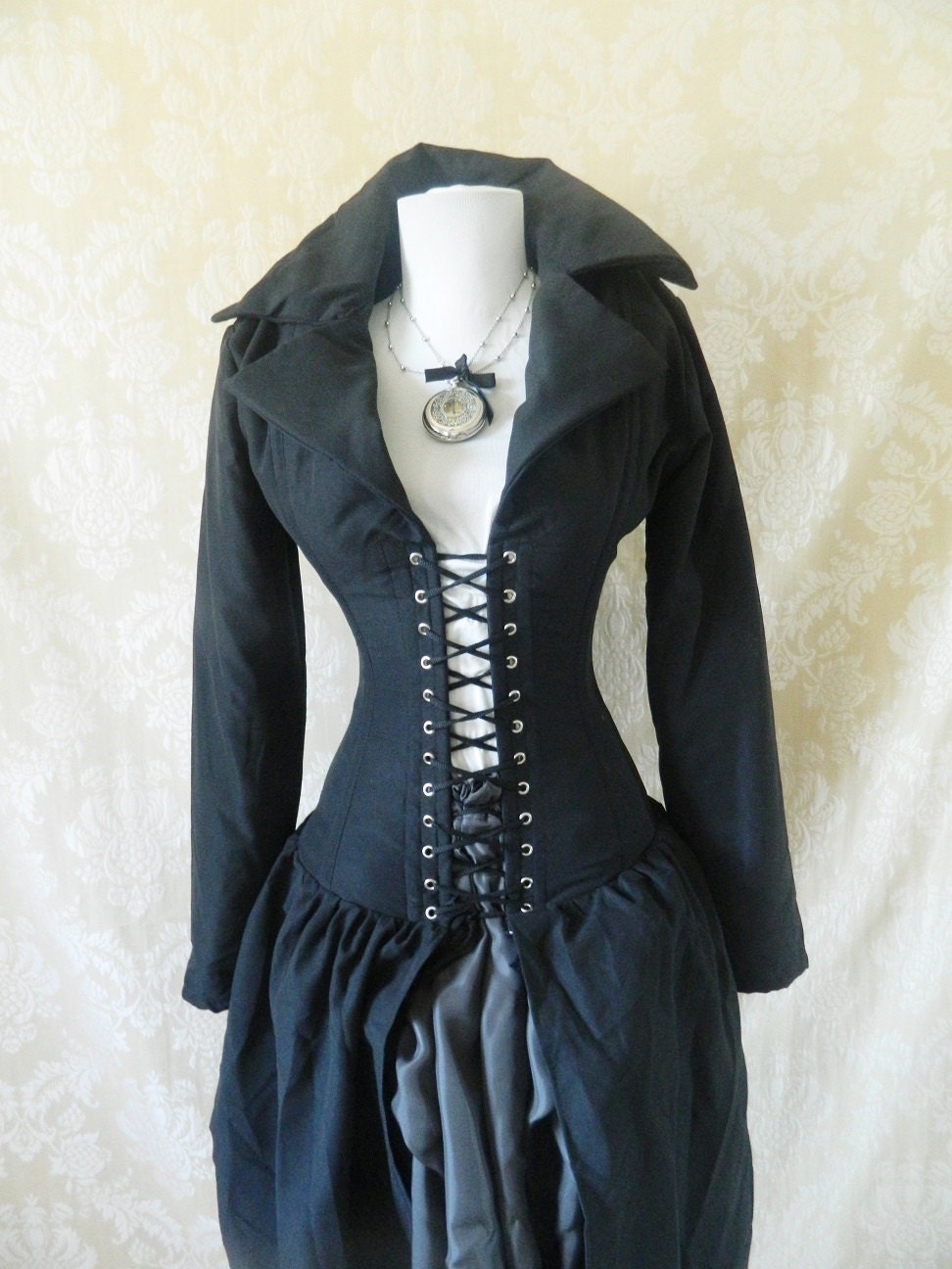 PRE-HOLIDAY SALE-Plain black Steel Boned Bustle Corset Coat