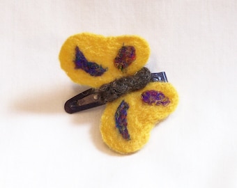 Barrette - Hair Clip - Needle Felted Butterfly - Felt Butterfly - Yellow with Recycled Sari Silk - Needlefelt Butterfly - Felt Hair Clip