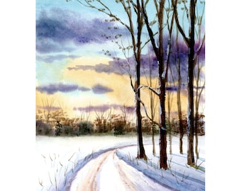 Watercolor landscape Painting PRINT country road snow Winter 4 four seasons trees Landscape sunset lane forest 7x10 GICLEE