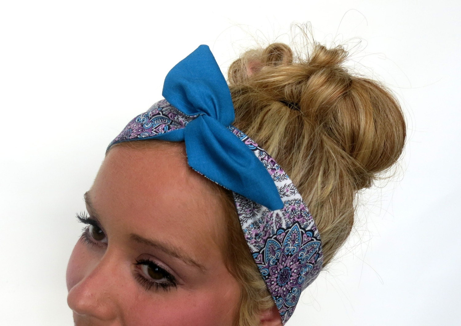 Dolly Bow Vintage Floral / Blue Solid Reversible Rockabilly