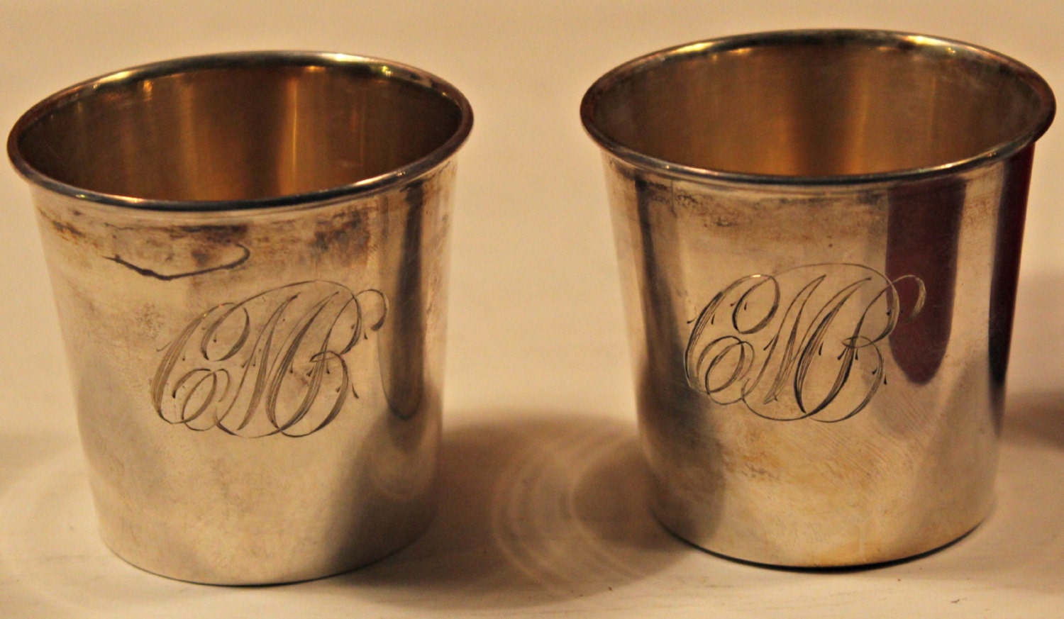 Vintage Sterling Silver Shot Glass Pair Red Leather Travel Case Gold ...